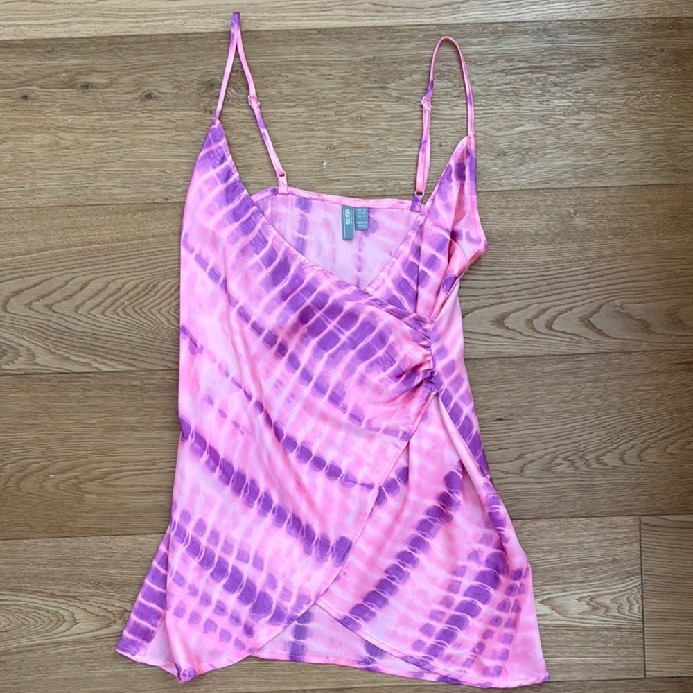 ASOS Asymmetrical Tie Front Mini Dress in Pink and Purple
